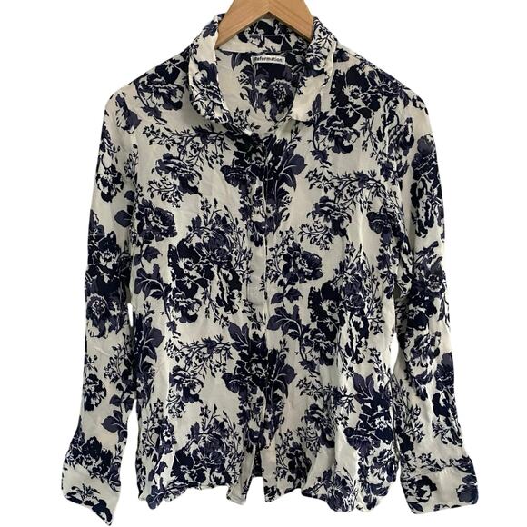 Reformation Floral Print Blouse - Navy and White - Picture 1 of 9